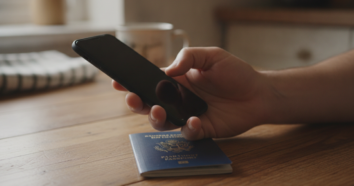 Hands holding a phone above a closed navy passport at a kitchen table