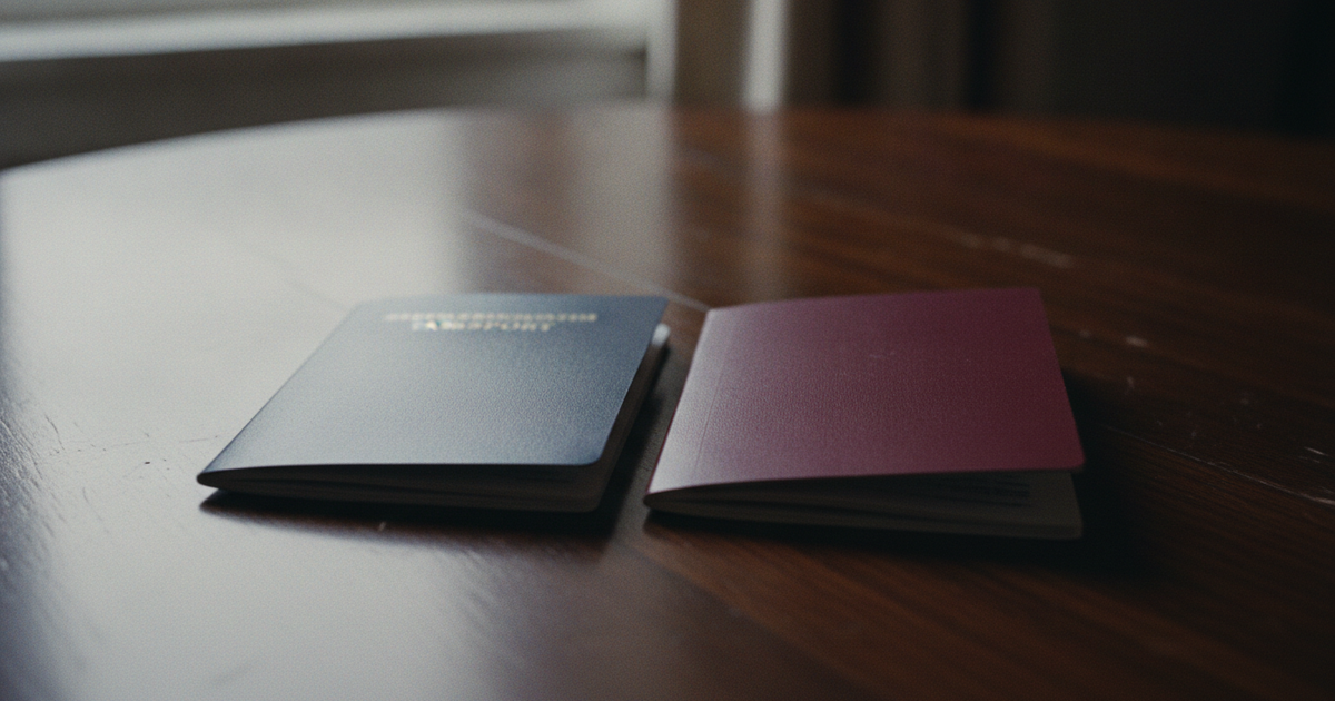 A navy and a burgundy passport lying side by side on a dark table