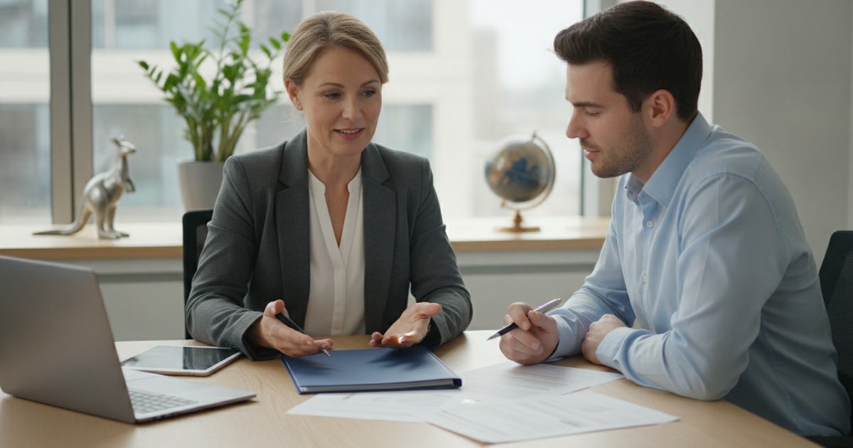 Consultant and client in discussion across an office desk