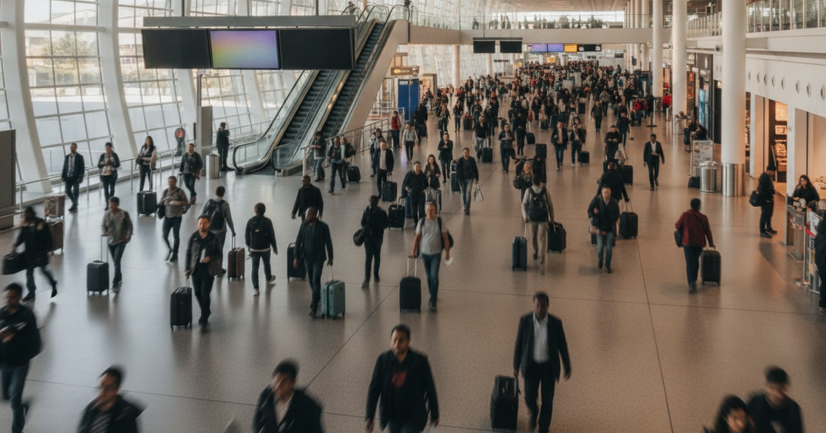 Busy international airport terminal with travellers in motion