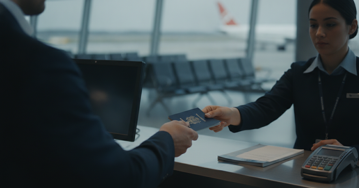 Passport handed to an airline agent at check-in