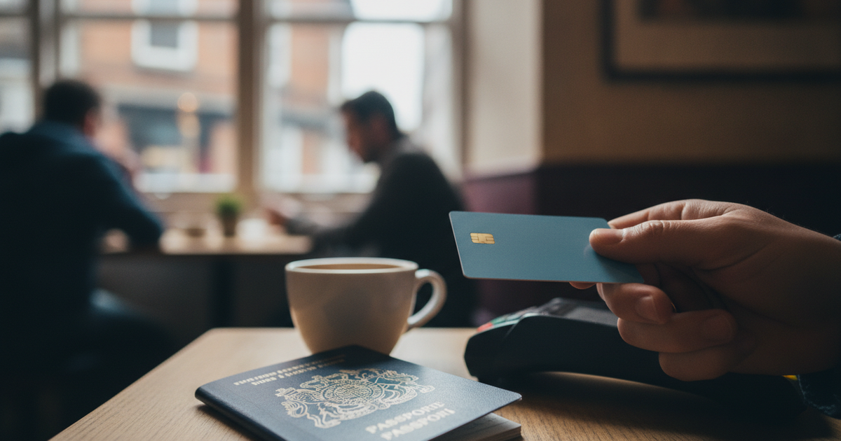 Hand holding a bank card with a passport blurred in the background