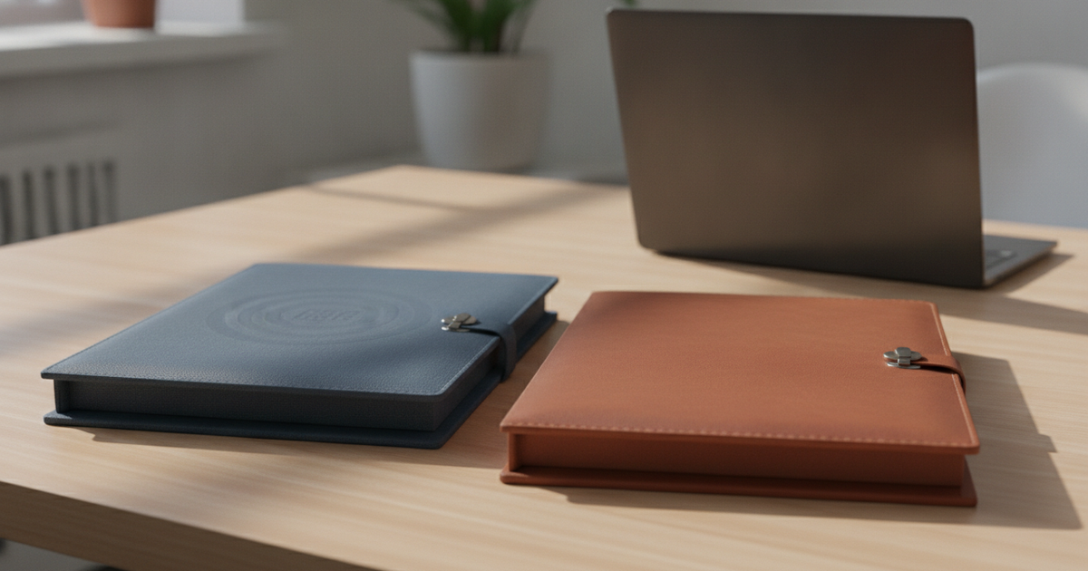 Two different coloured folders side by side on a desk