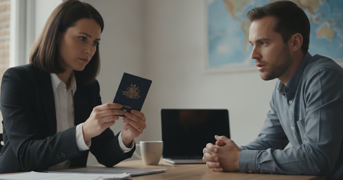 Advisor examining a closed navy passport at a desk