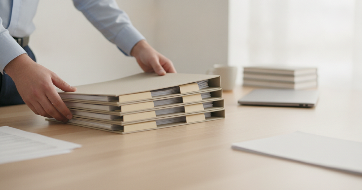 Neatly stacked folders being organised on a desk