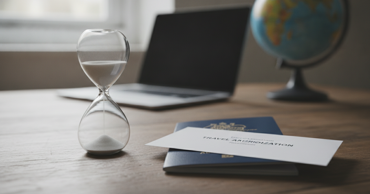 Hourglass beside a navy passport on a wooden desk