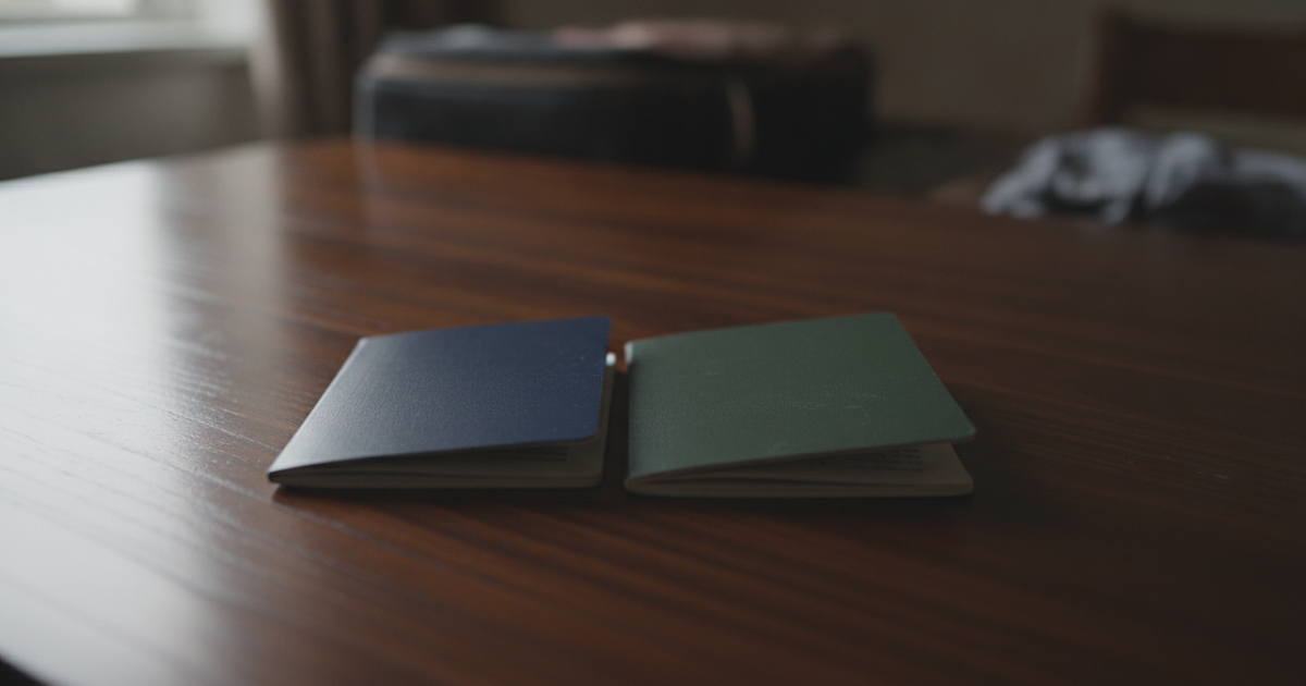 A navy and a green passport lying parallel on a dark table