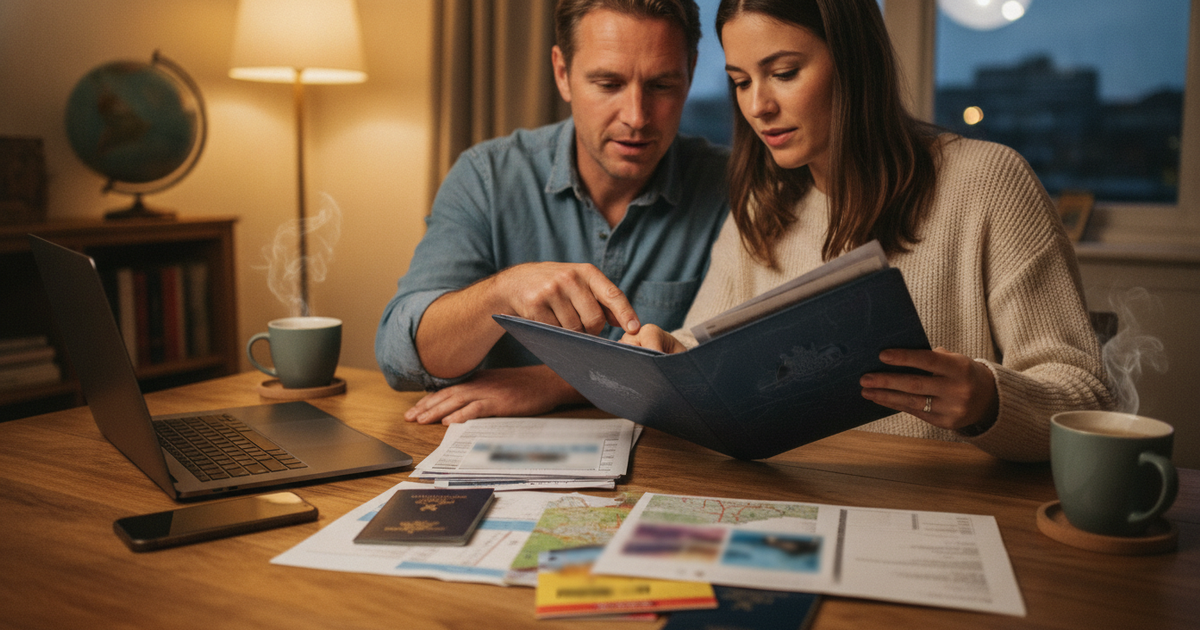 Couple organising travel documents together at home