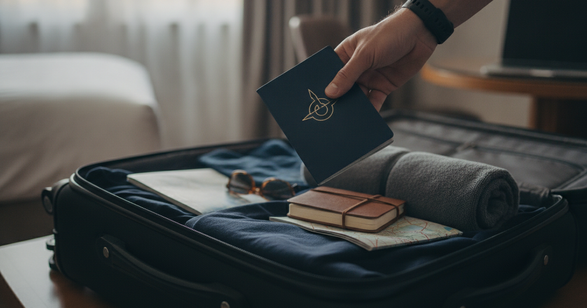 Hand holding a closed navy passport over an open suitcase