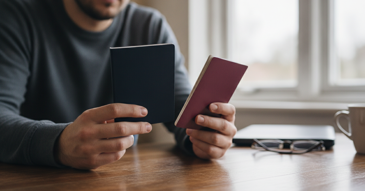 Person weighing two different passports, one in each hand