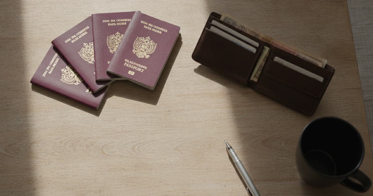 Quatro passaportes e uma carteira sobre uma mesa de madeira