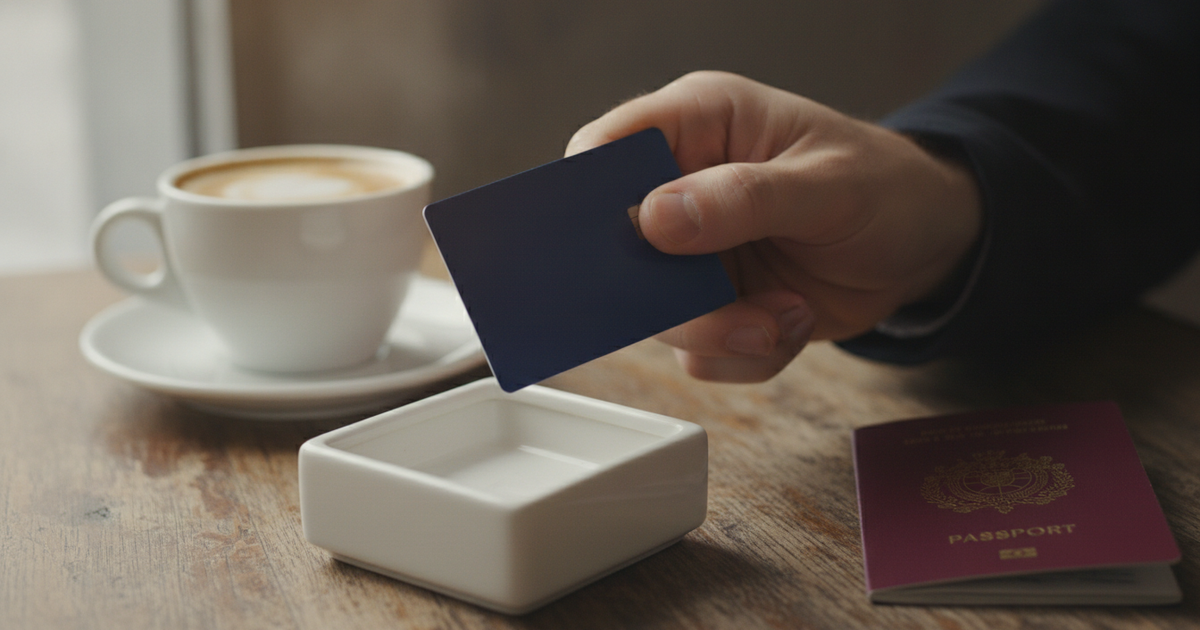 Mão com cartão bancário numa mesa de café, passaporte desfocado atrás
