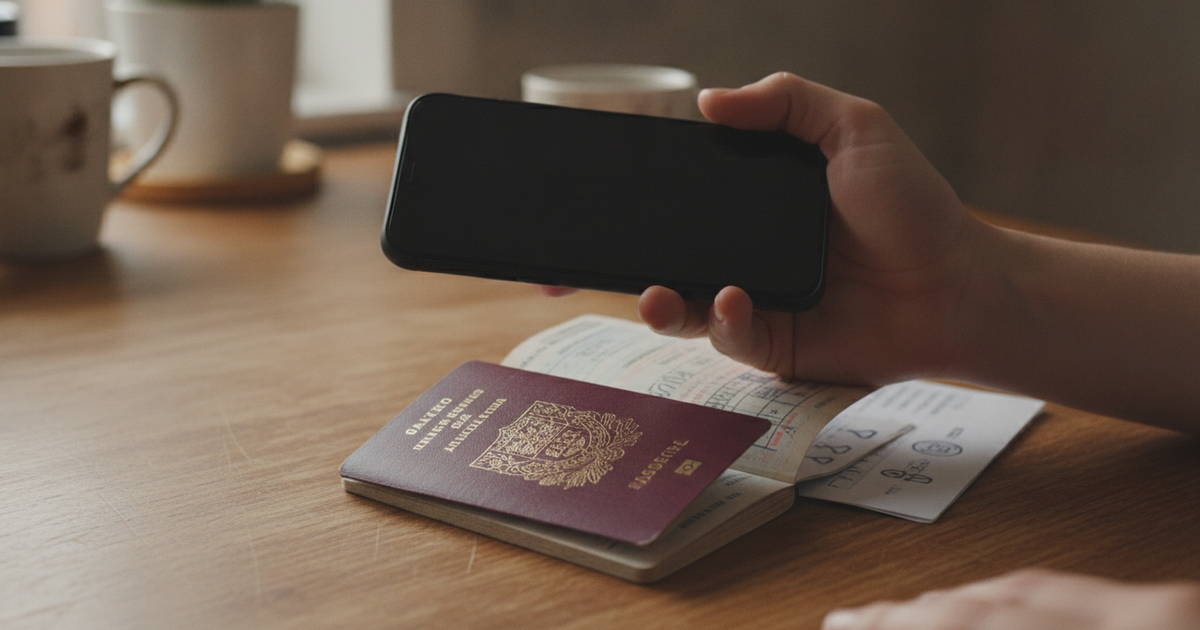 Mãos a segurar um telemóvel sobre um passaporte aberto numa mesa de casa
