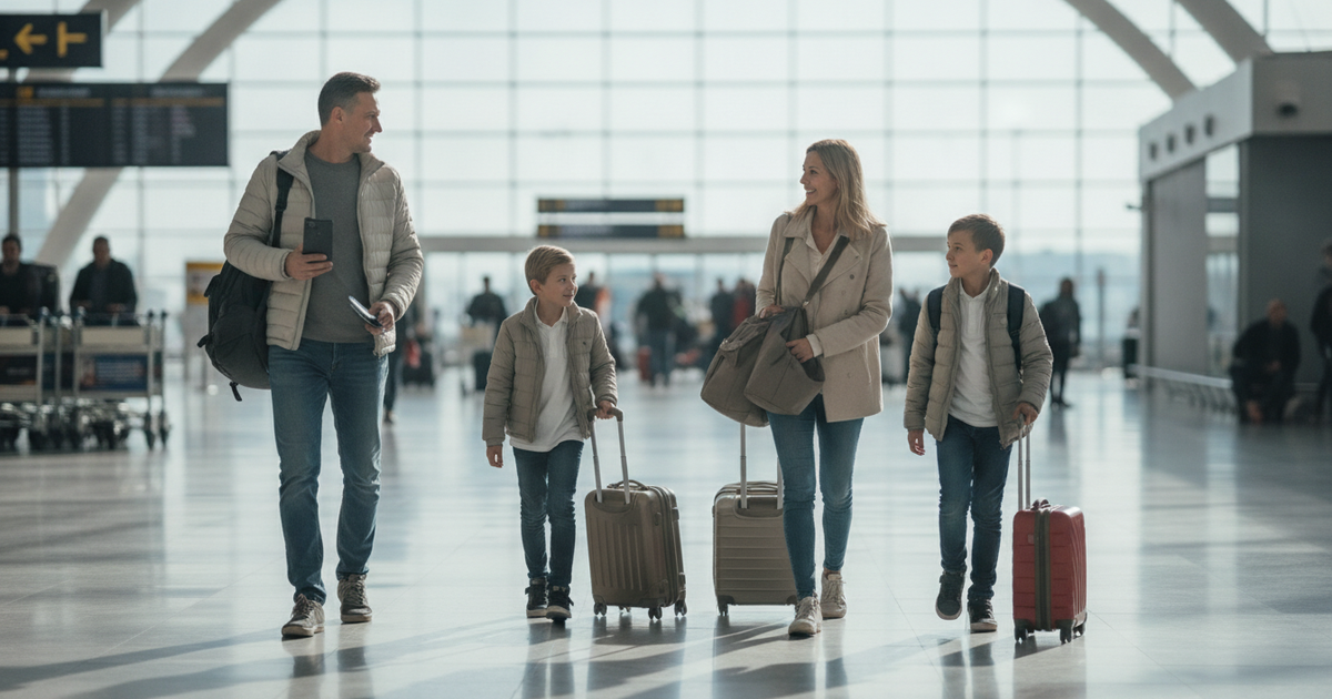 Família com malas a atravessar a zona de partidas de um aeroporto