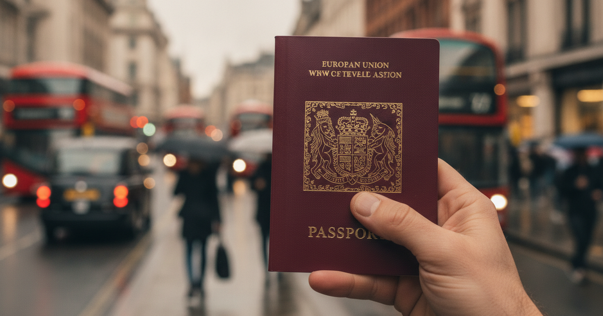 Passaporte europeu na mão com rua londrina desfocada ao fundo