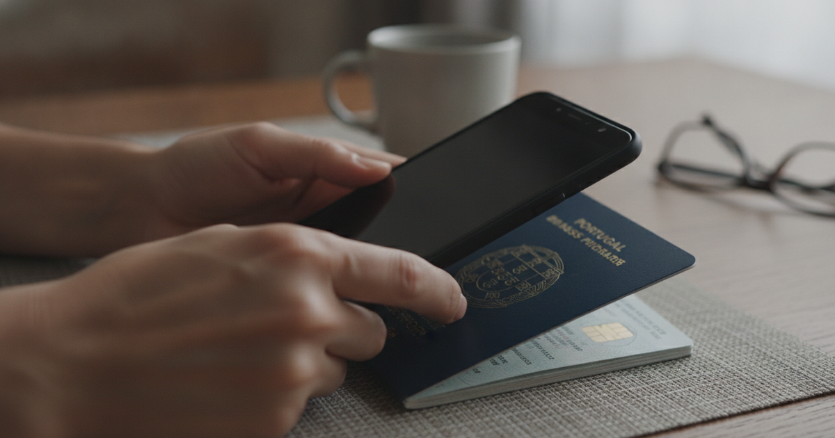 Mãos a encostar o telemóvel à página do chip do passaporte