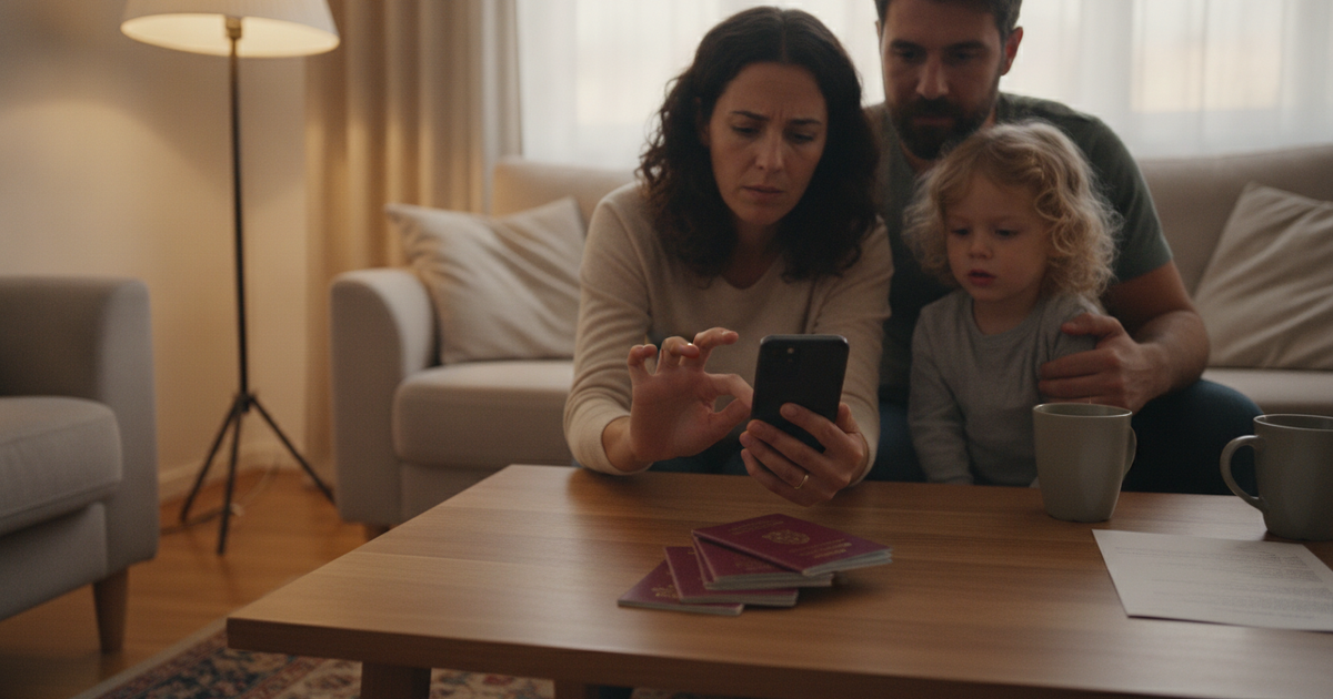 Família à mesa da sala com passaportes, a preparar candidaturas