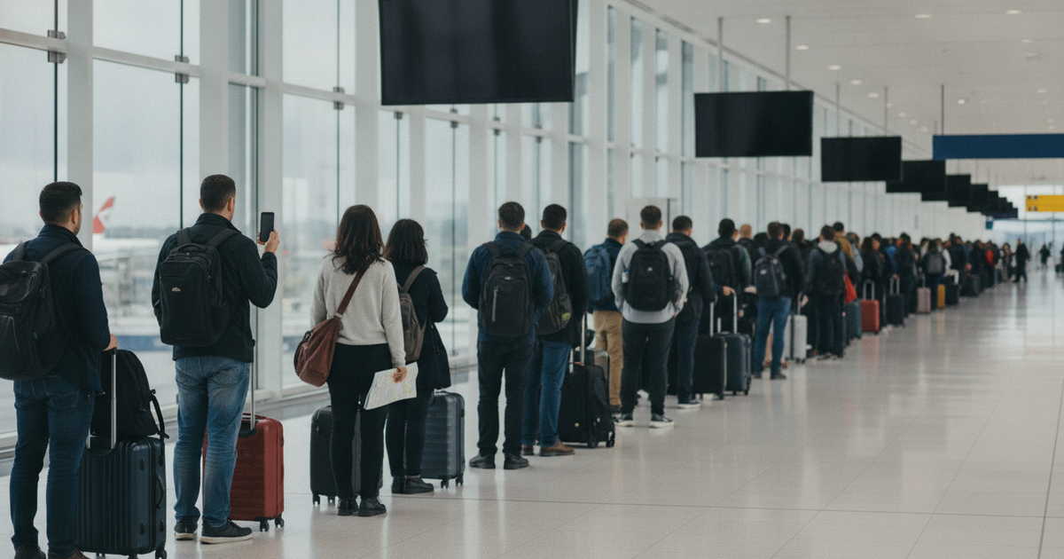 Fila de viajantes com bagagem num corredor de aeroporto