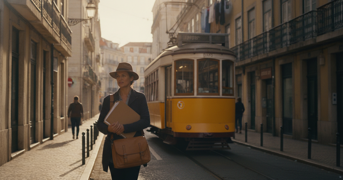 Elétrico amarelo em Lisboa e pessoa a caminhar com um dossiê