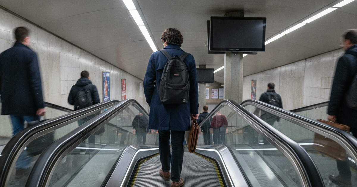 Pessoa com dossiê a descer para o metro a caminho de uma marcação