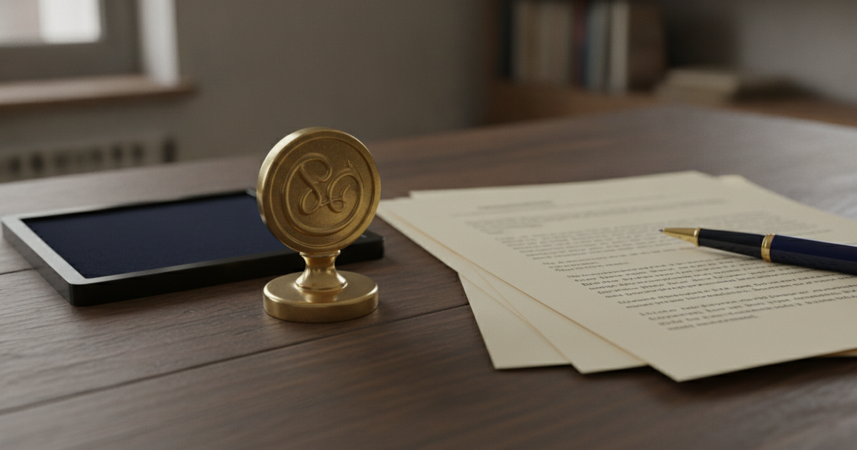 Carimbo e papéis numa secretária de tradução certificada