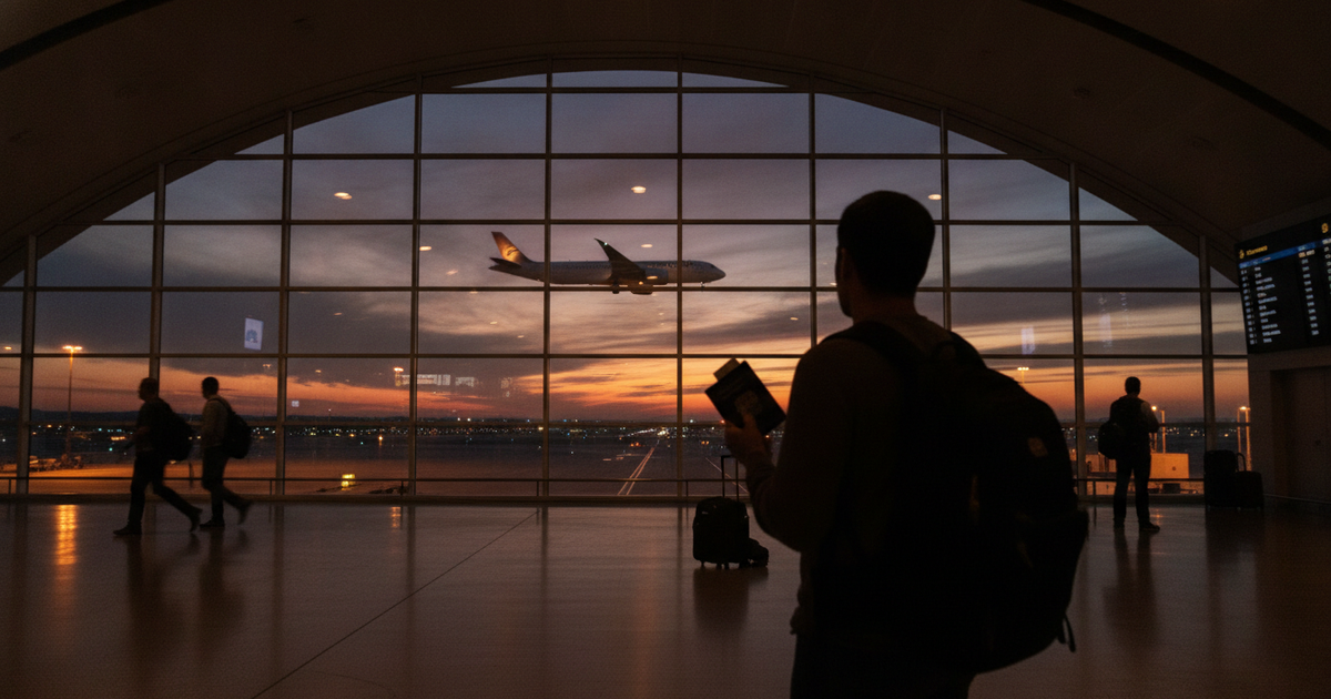 Avião a descolar visto da janela do terminal ao entardecer