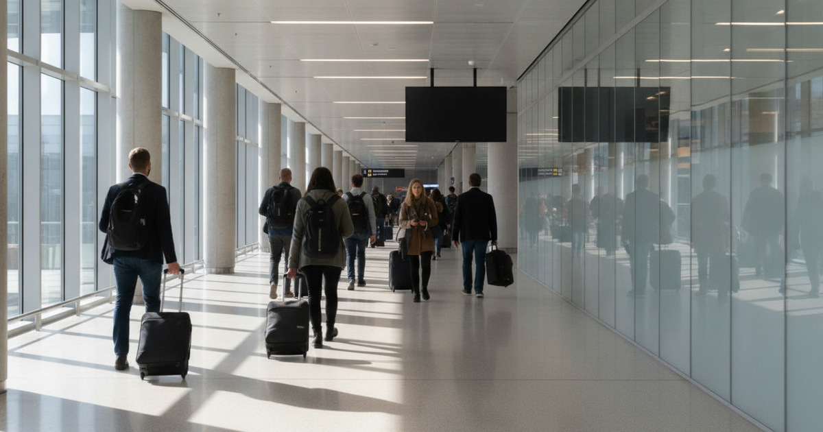 Viajantes a caminhar num corredor de chegadas com malas