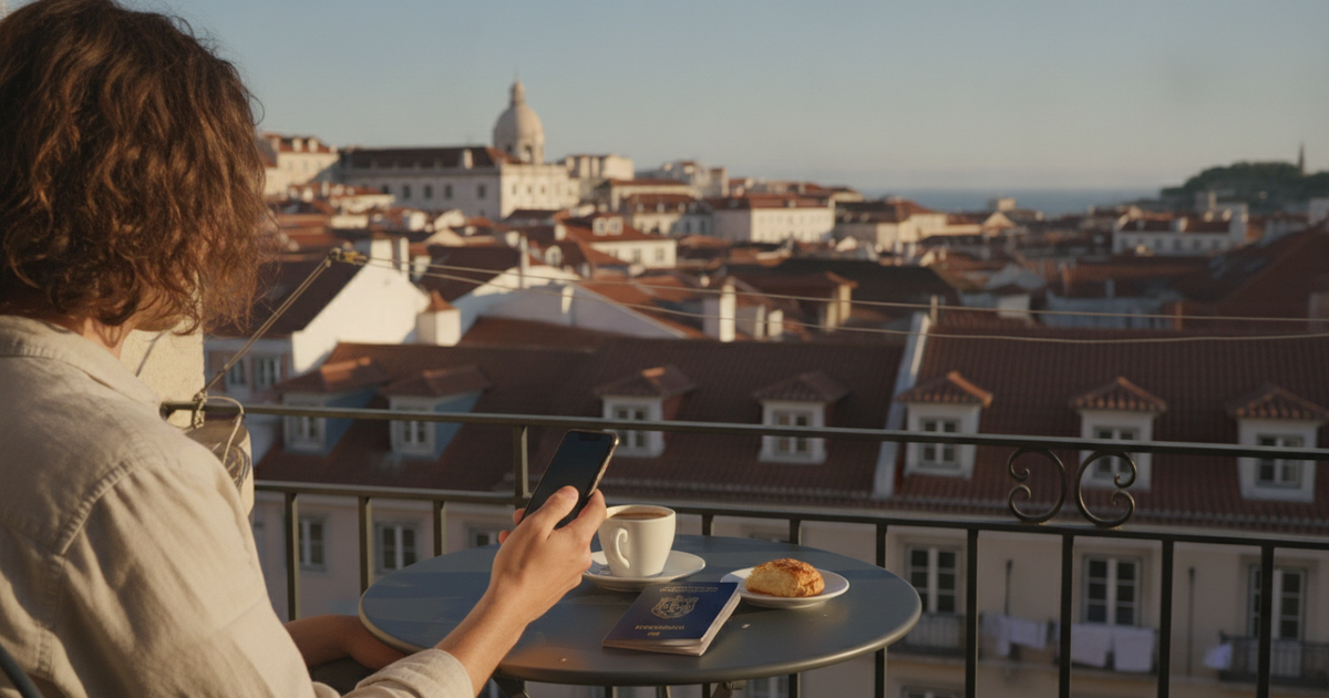 Manhã numa varanda de Lisboa com telemóvel e passaporte