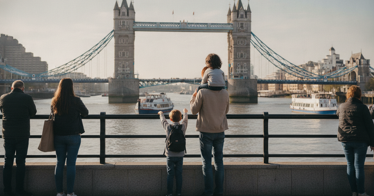 Família a contemplar a Tower Bridge à beira-rio