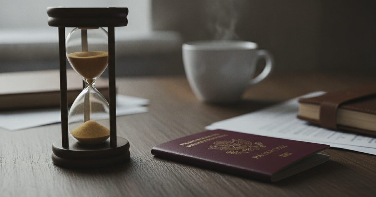 Ampulheta ao lado de um passaporte numa secretária