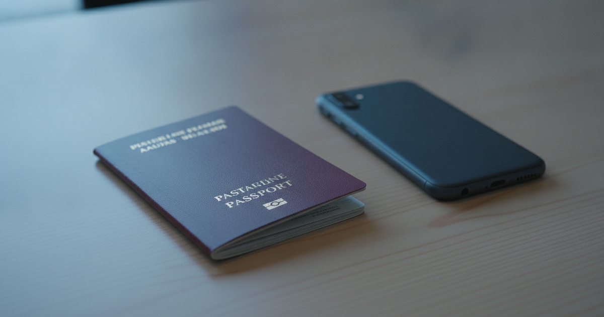 Passaporte fechado e telemóvel virado para baixo numa secretária