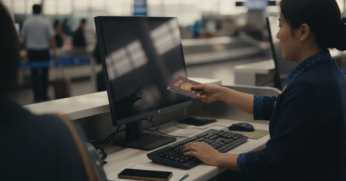 Passaporte entregue ao balcão de check-in de uma companhia aérea