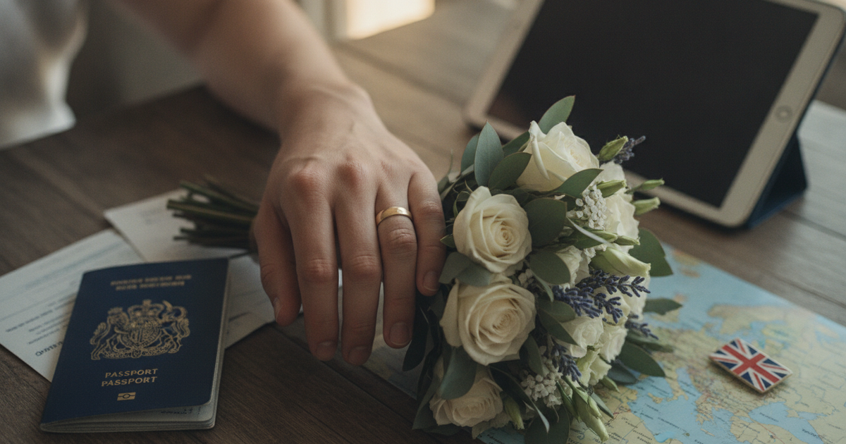 Mãos de um casal com alianças e um pequeno ramo de flores