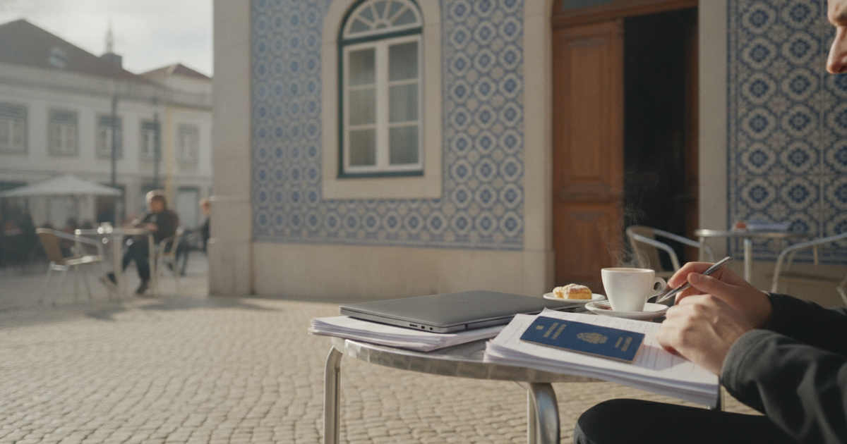 Pessoa com documentos numa esplanada de uma praça portuguesa