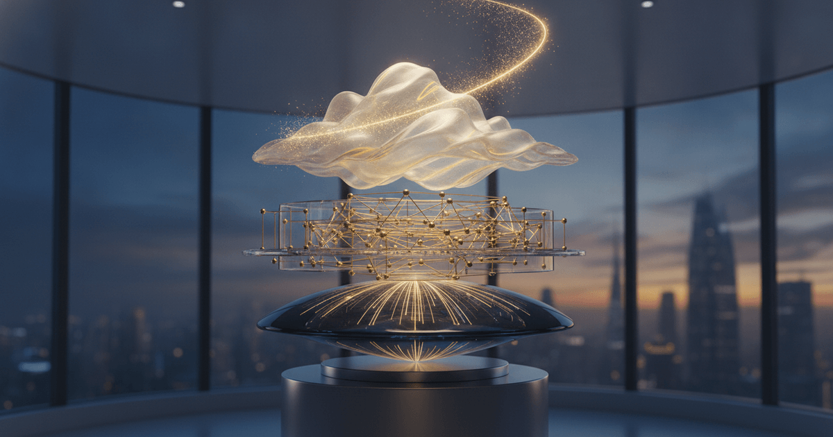 Three stacked signal layers showing identity, credibility, and visibility being read by an AI engine
